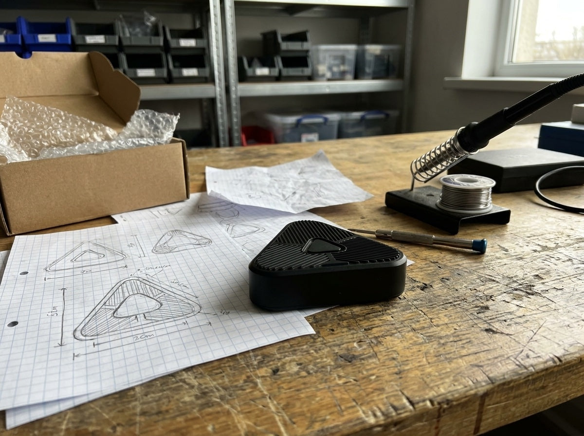 Työpöytä, jolla oskilloskooppi ja Eoka-klipsin prototyyppejä eri versioina
