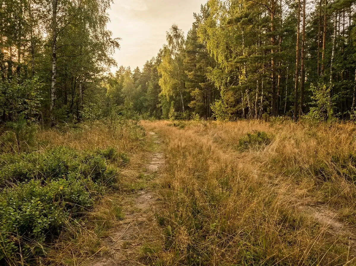 Polku korkeassa kuivassa heinikossa metsänreunassa — klassista punkkimaastoa